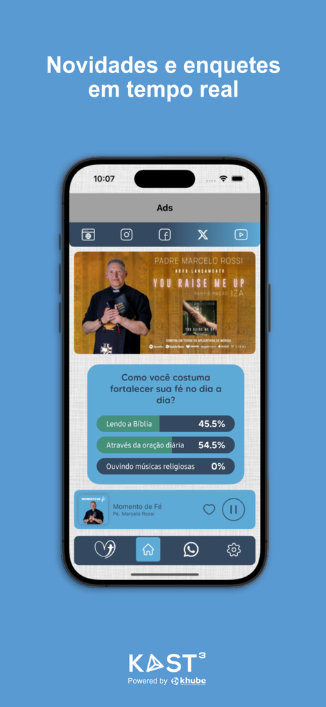 Momento de Fé - Interface do aplicativo Momento de Fe com uma enquete diária de fé e atualizações de notícias do Padre Marcelo Rossi