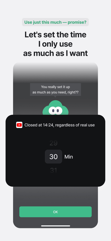 Turning: Screen Time & Routine - Setting a 30 minute app usage limit in the Turning screen time app with the digital buddy Turny