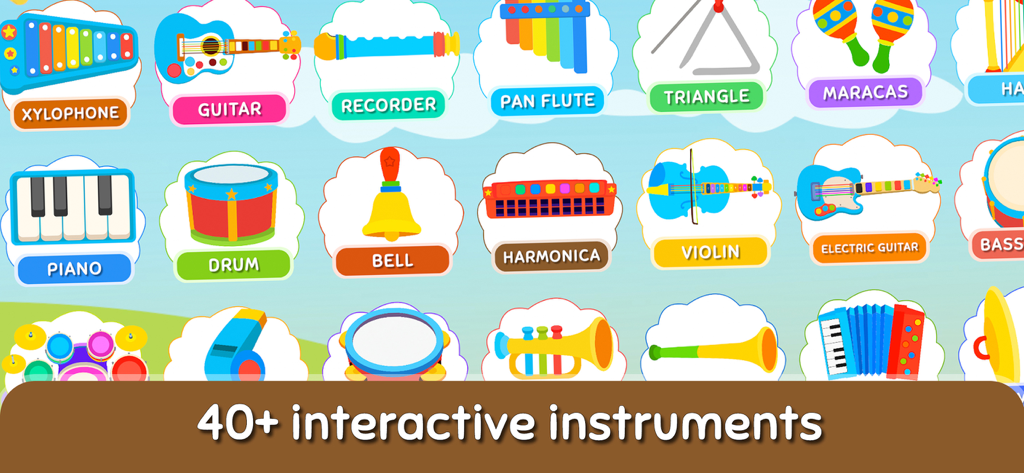 Musical Instruments Learn - Una colorida cuadrícula de iconos de instrumentos musicales que incluyen un piano, guitarra y batería para que los niños aprendan y jueguen.