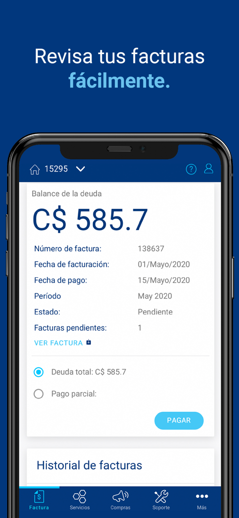 Interface for managing and paying bills in the Mi Tigo Nicaragua mobile app.