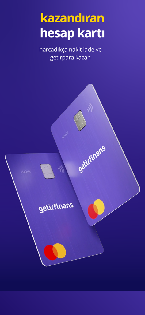 getirfinans - Deux cartes de débit GetirFinans violettes avec des icônes de paiement sans contact et le logo Mastercard mettant en évidence les récompenses de cashback.