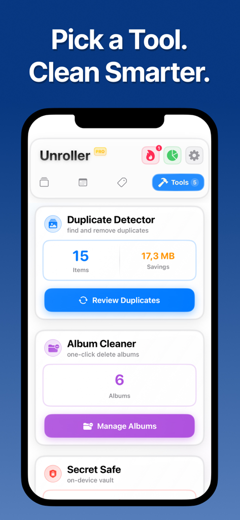 Swipe Photo Cleaner Organizer - Interface of the Unroller app featuring tools for duplicate detection and album cleaning to save storage