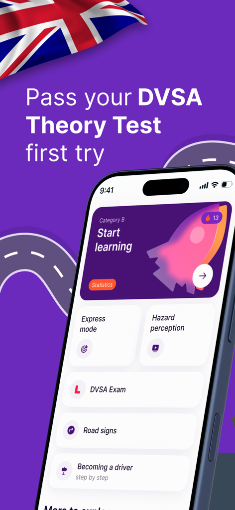 Driving Test Theory Kit 2026 - Smartphone zeigt die Benutzeroberfläche der Driving Test Theory Kit App mit DVSA-Prüfungsvorbereitungsmodulen