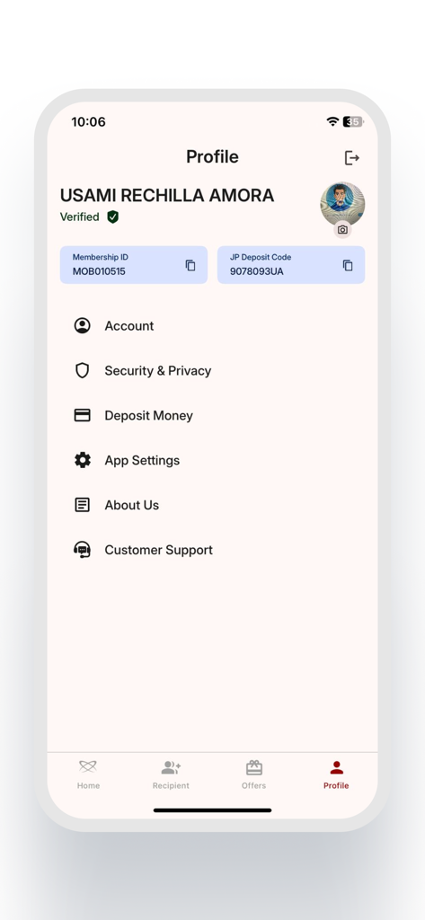 JME Remittance app user profile page showing verified account status and account settings