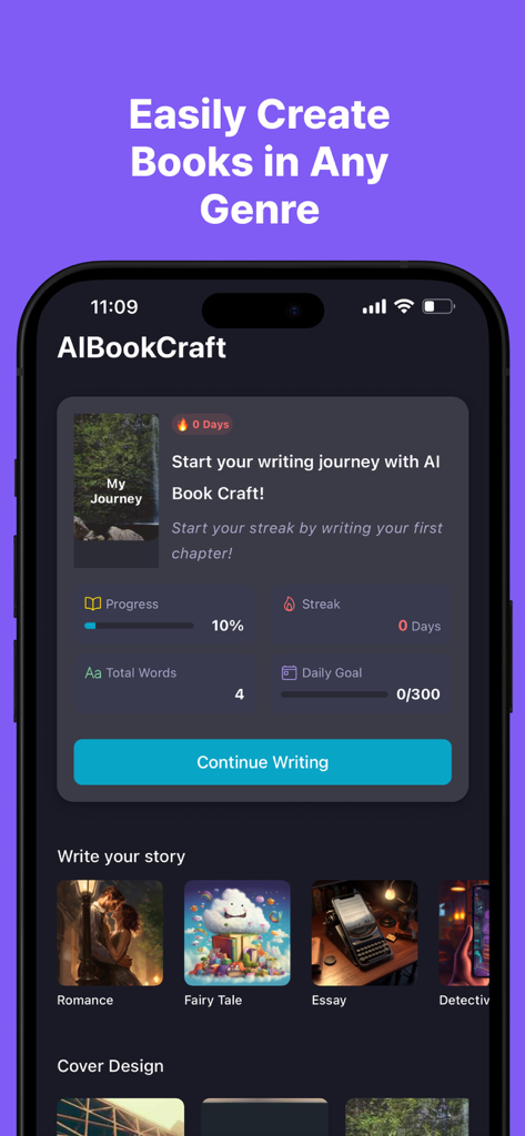 AI Book Writer - Story Maker - AI Book Writer app dashboard showing writing progress and story genre selection