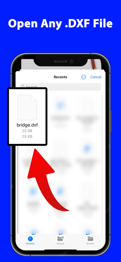 DXF File Reader Viewer PDF - Pantalla de iPhone mostrando la aplicación Lector Visor DXF abriendo un archivo bridge.dxf