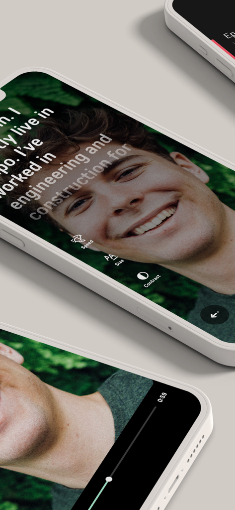 An iPhone displaying the Prompted teleprompter app with scrolling text over a selfie video recording.