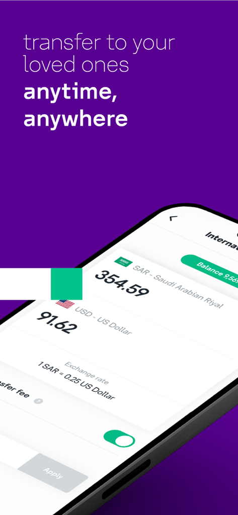 stc pay - stc pay app interface showing an international money transfer with currency conversion from Saudi Riyal to US Dollar