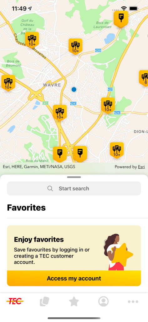 The TEC app interface showing a transit map of Wavre and a favorites section.