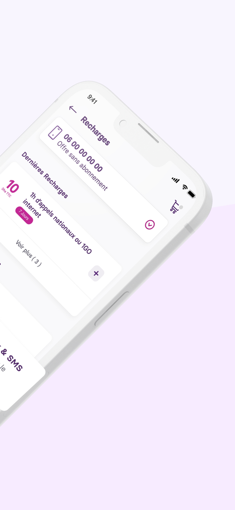 My inwi mobile app interface showing recharge options for internet and calls in French