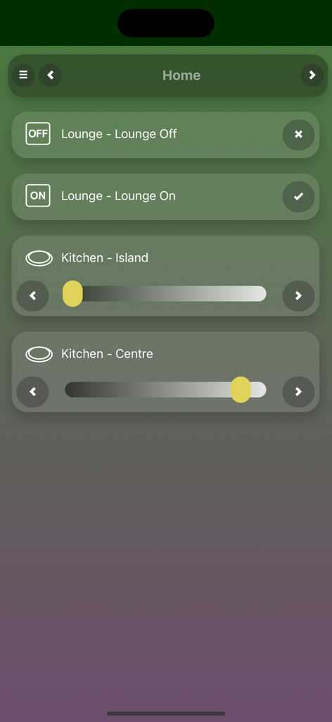 CTC SpaceLogic - CTC SpaceLogic app interface showing lounge and kitchen lighting controls with dimmable sliders and on off switches