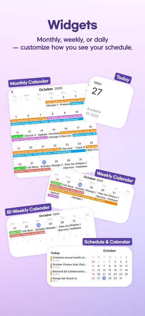 Divers widgets de calendrier iOS pour l'application Trace AI Planner, y compris les vues mensuelles et hebdomadaires.
