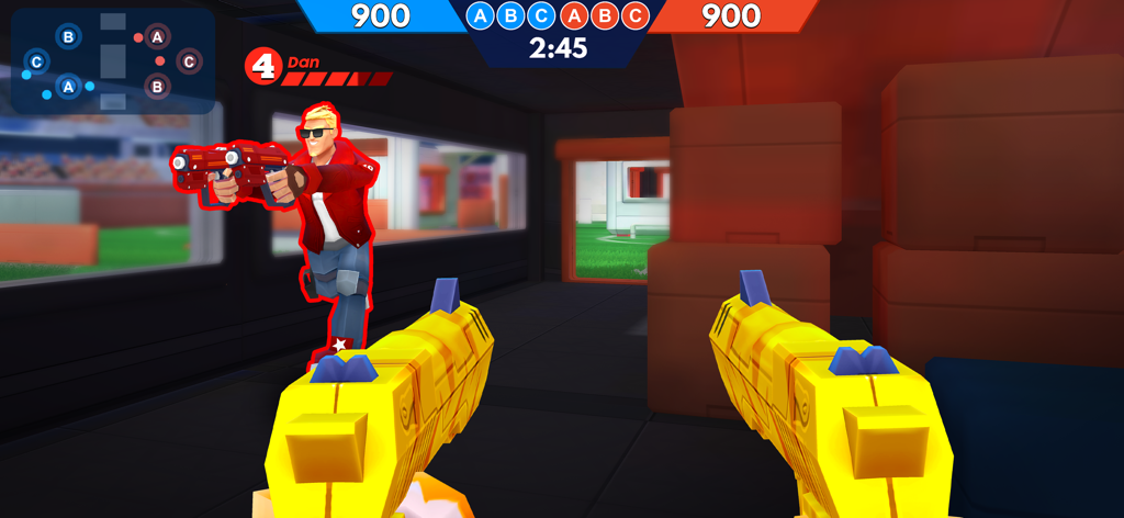 FRAG Pro Shooterでのバトルの一人称視点。二丁の黄色の武器を装備