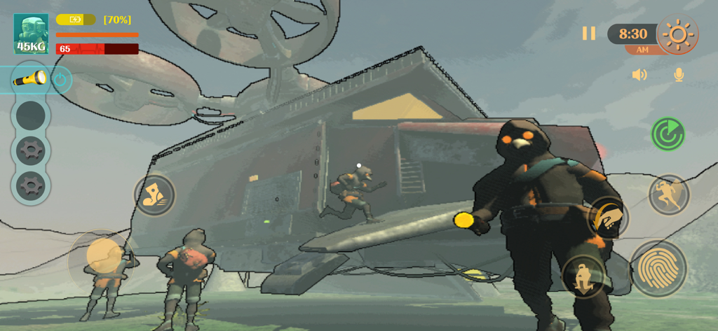 MIMESIS: Deceive or Die - Gameplay von MIMESIS Deceive or Die, das Spieler in Anzügen in der Nähe eines großen roten Raumschiffs auf einem verlassenen Planeten zeigt.