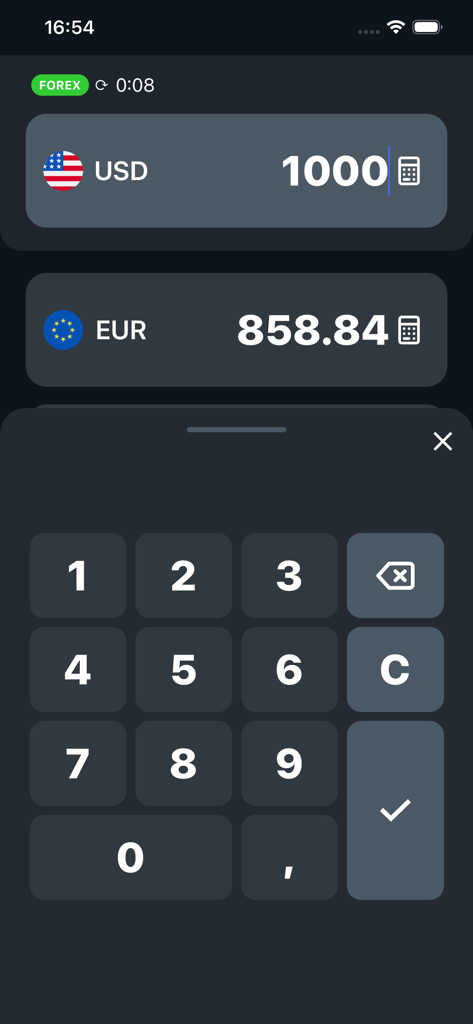 A currency converter app interface showing a conversion of 1000 USD to 858.84 EUR with an integrated numeric keypad.