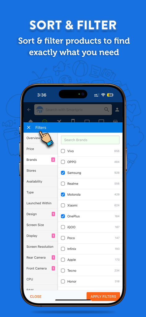 Smartprix app interface showing a comprehensive filter menu for technical products with brand selection options.