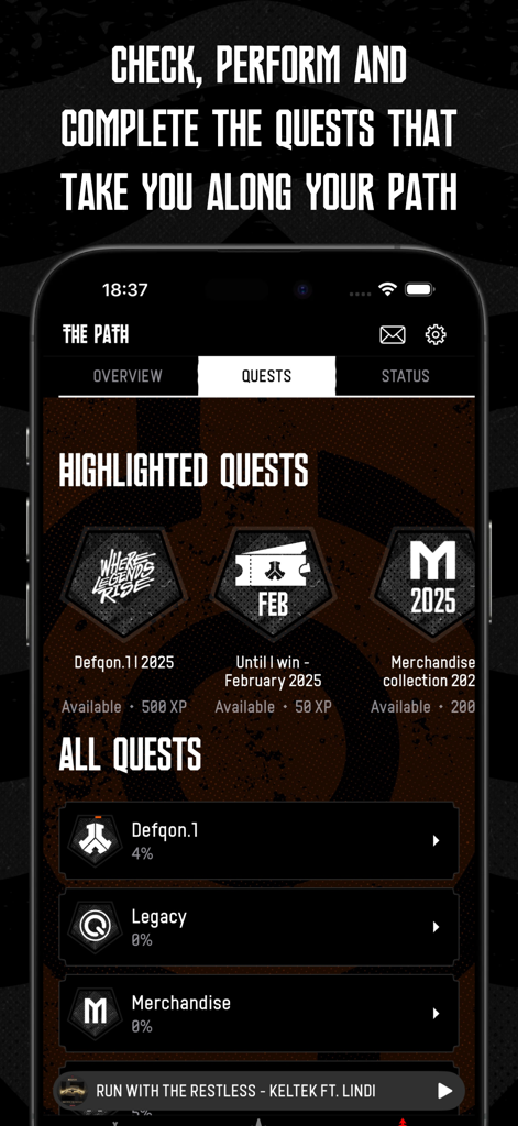 Defqon.1 - Screenshot of the Defqon.1 mobile app showing the Path quests screen with highlighted challenges and user progress.