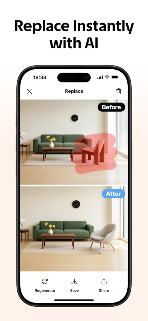 AI Decor - AI Home Design - Before and after demonstration of replacing a chair using AI interior design tools