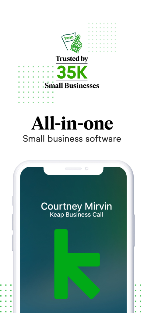 Keap Mobile - Keap Mobile app screenshot showing an incoming business call and trusted by 35k small businesses