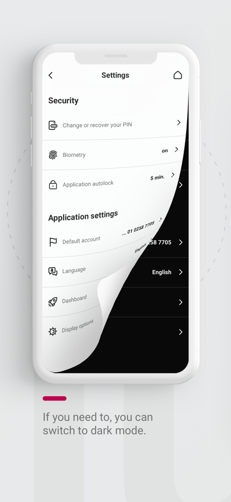 Settings screen of the Bank Millennium for Corporate app showing security and personalization options with a dark mode preview