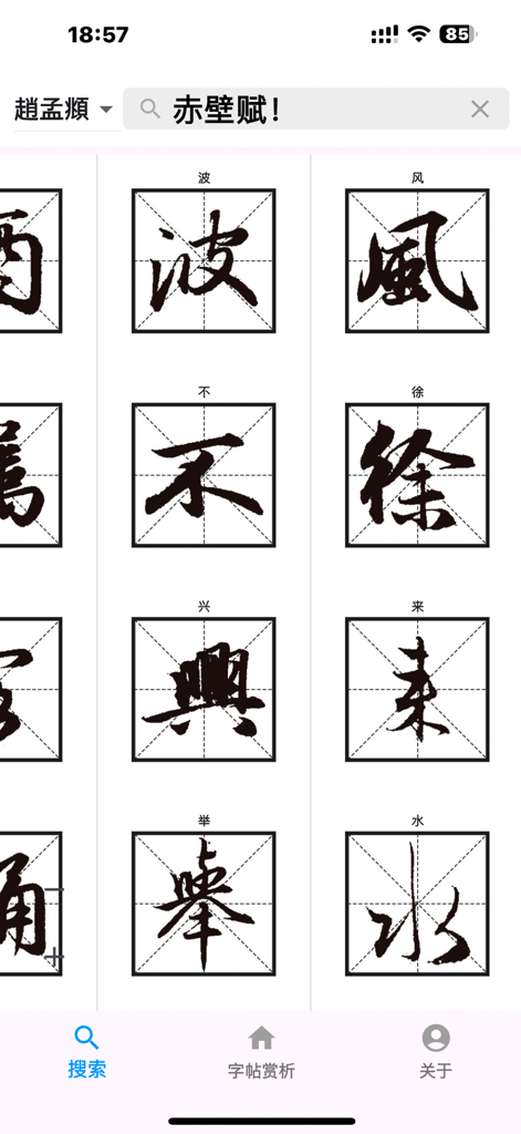 Grid view of Chinese calligraphy characters for learning and practice in a mobile app
