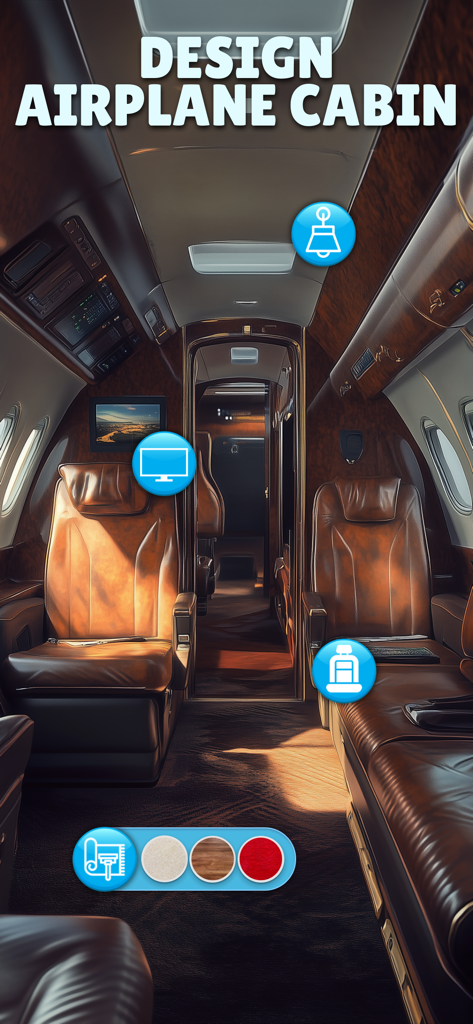 Airline Tycoon: The Game - A realistic airplane cabin customization screen showing luxury leather seats and interior design options