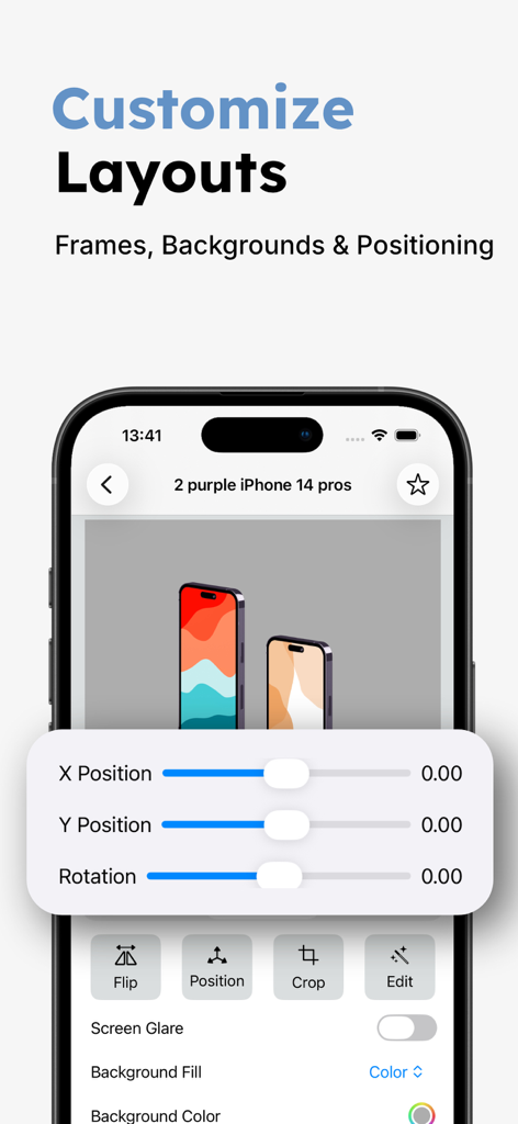 Mockup Templates - Mizframa - Interface showing sliders to customize position and rotation of iPhone mockups in the Mizframa app