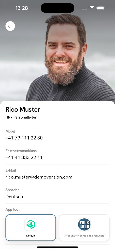 StaffApp - StaffApp mobile screen displaying an employee profile with contact details and role