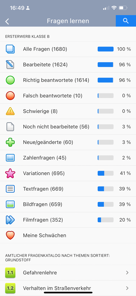 Fahrschule.de 2026 - Dashboard mit Lernfortschritt und Fragenkategorien für die deutsche theoretische Fahrprüfung