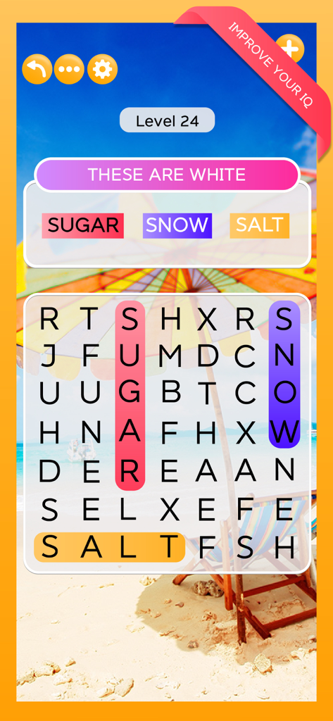 A word search puzzle from Word Voyage game showing found words like sugar snow and salt on a sunny beach background