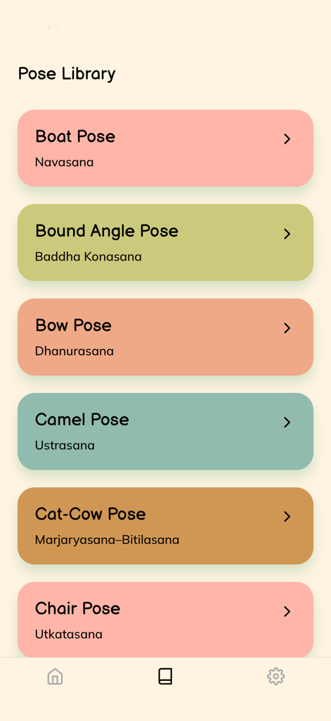 Kids Yoga, Workout & Exercise - A menu showing a library of yoga poses for kids including Boat Pose and Camel Pose in the Kids Yoga Adventure app