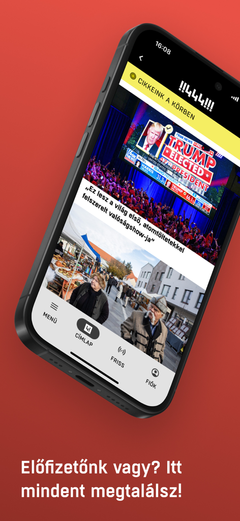 444.hu - Smartphone mit der 444.hu-Nachrichten-App mit investigativen Artikeln und einer Abonnement-Nachricht auf Ungarisch.