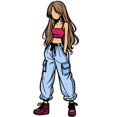 girl in baggy pants crop top and long hair