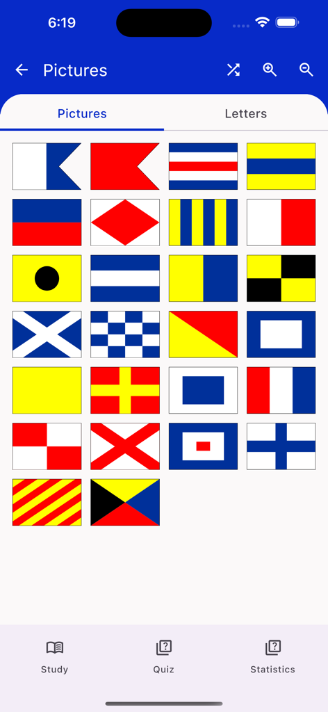 Nautical Flags Helper - Grid display of International Code of Signals nautical flags in the Nautical Flags Helper app