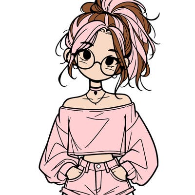 girl with a messy ponytail glasses a baggy crop top and jean shorts