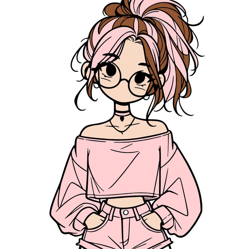 girl with a messy ponytail glasses a baggy crop top and jean shorts