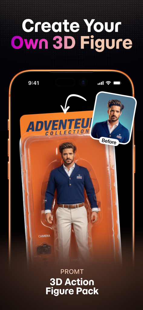 Superlook: AI Video & Photo - Interface do aplicativo Superlook AI demonstrando como criar uma figura de ação 3D personalizada a partir de uma foto