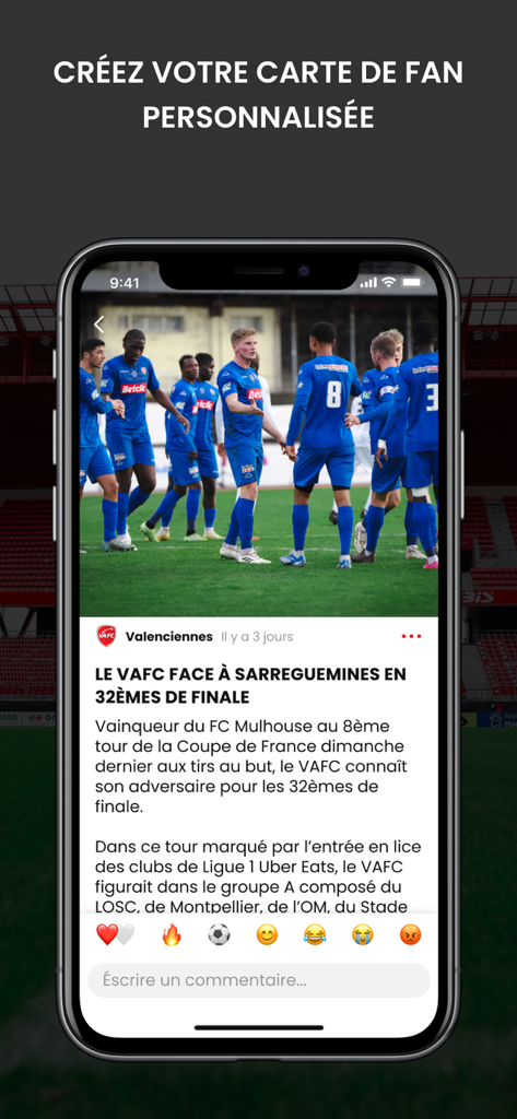 Valenciennes FC - Valenciennes FC mobile app screen showing a news article about a match with fan reactions.