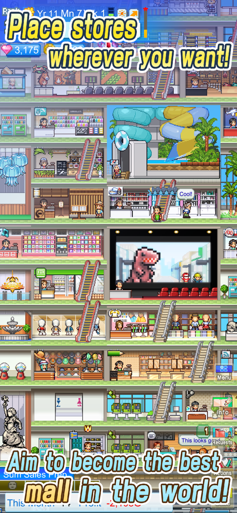 A multi-story pixel art mall in Mega Mall Story 2 featuring various shops a movie theater and escalators