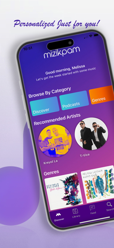 Interfaccia dell'app Mizikpam che mostra artisti haitiani consigliati e categorie musicali personalizzate.