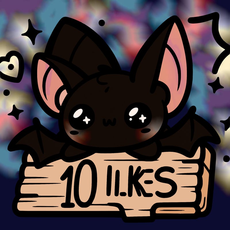 kawaii bat resting with its legs on a sign that says 10 likes