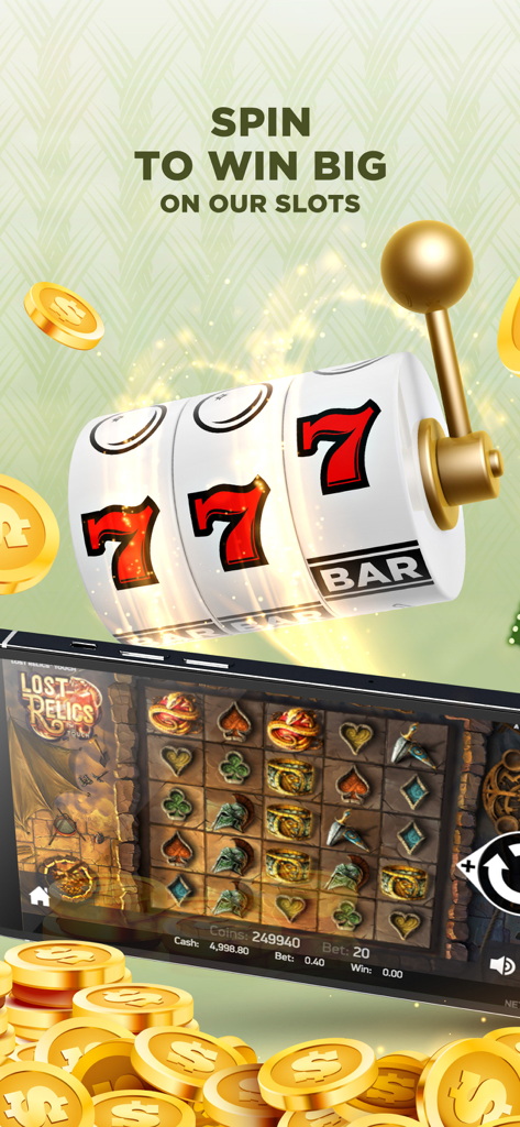Play Online by Yaamava app screen featuring slot machine reels with lucky 777 and golden coins