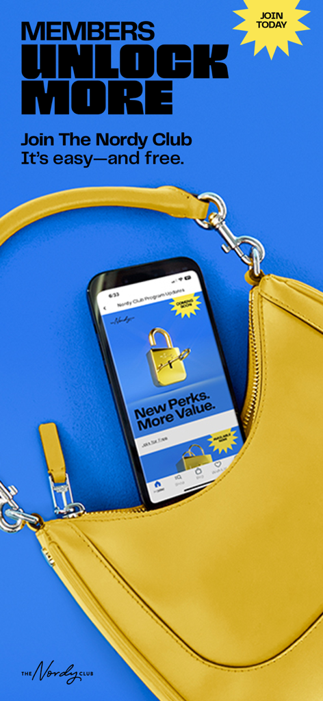 Nordstrom Rack: Shop Deals - A smartphone displaying Nordstrom Rack Nordy Club rewards inside a stylish yellow handbag.