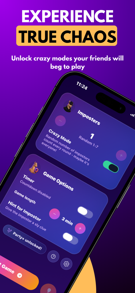 Tela do aplicativo móvel mostrando a configuração do Modo Crazy e opções de jogo para o jogo de palavras de festa Imposter Game