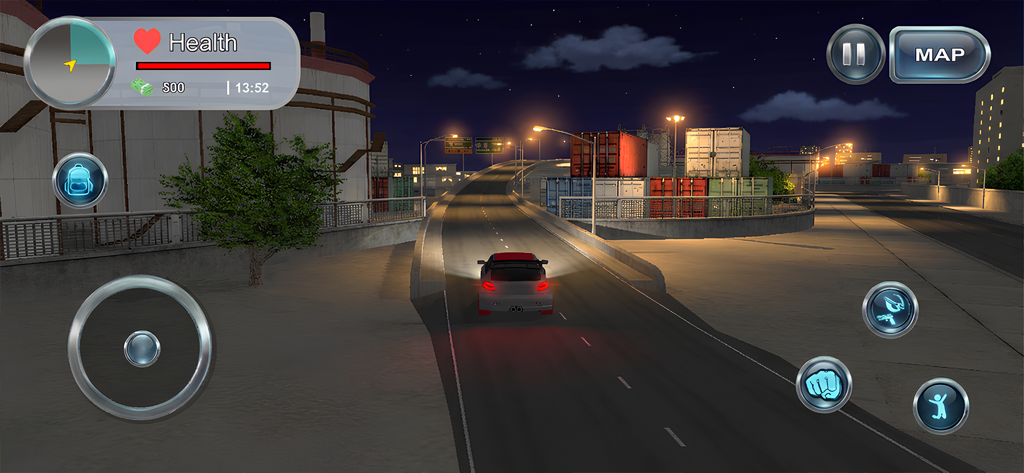 GTA V Mobile : City War MOD - Vista en tercera persona de un coche conduciendo por un área urbana industrial por la noche en un juego móvil de mundo abierto