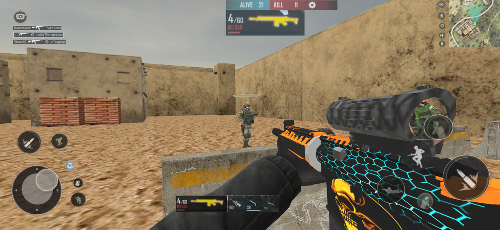 First person shooter gameplay showing a customized rifle and enemy soldier in a desert environment