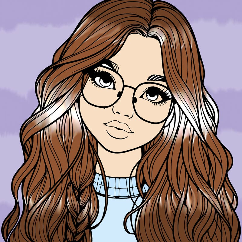 girl with long hair and freckles and glasses realistic