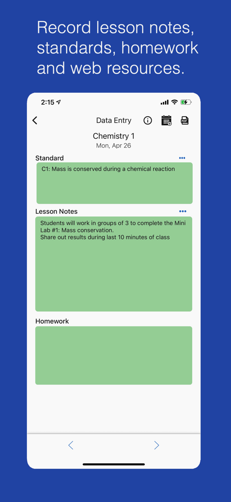 Class Planner (cloud) - A mobile interface for the Class Planner app showing lesson notes and curriculum standards for a chemistry class