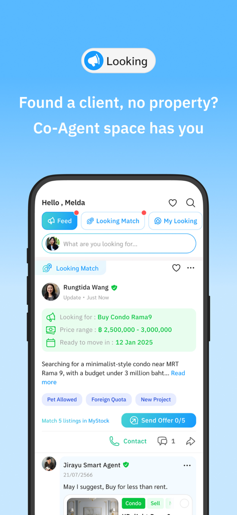 Livinginsider:Thai #1 Property - Livinginsider app screen showing the Looking feature for property search matching and co-agent collaboration in Thailand.