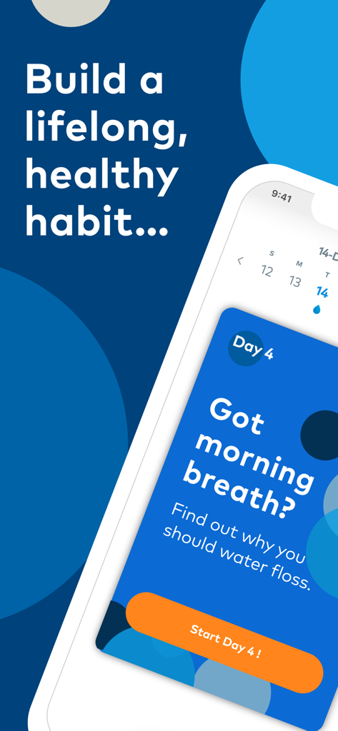 Waterpik™ Water Flossing - Waterpik app screen showing Day 4 of a flossing habit program with a tip about morning breath